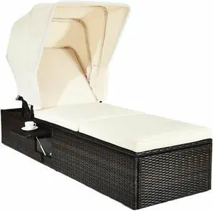 SlickBlue Chaise Cushioned Top Canopy Patio Rattan Lounge Chair with Tea Table