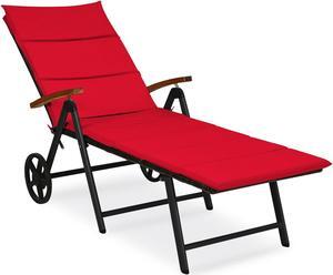 SlickBlue Folding Patio Rattan Lounge Chair with Wheels-Red