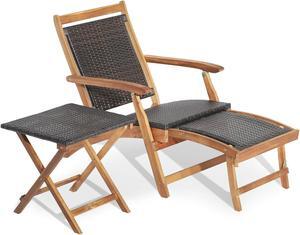 SlickBlue 2 Pieces Patio Rattan Folding Lounge Chair with Acacia Wood Table