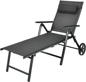 SlickBlue Patio Lounge Chair with Wheels Neck Pillow Aluminum Frame Adjustable-Gray