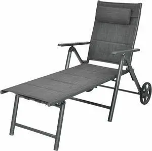 SlickBlue Patio Reclining Chaise Lounge with Adjust Neck Pillow-Gray