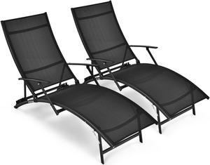 SlickBlue 2 Pieces Patio Folding Stackable Lounge Chair Chaise with Armrest-Black
