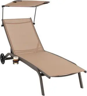 SlickBlue Patio Heavy-Duty Adjustable Chaise Lounge Chair with Canopy Cup holder and Wheels-Brown