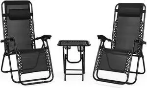 SlickBlue 3 Pieces Folding Portable Zero Gravity Reclining Lounge Chairs Table Set