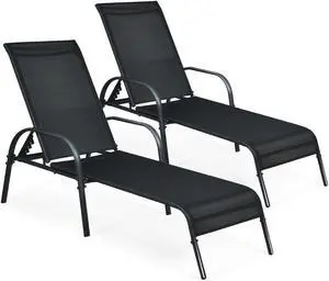 SlickBlue 2 Pcs Outdoor Patio Lounge Chair Chaise Fabric with Adjustable Reclining Armrest