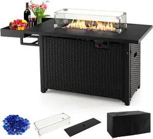 SlickBlue 52 Inches Outdoor Wicker Gas Fire Pit Propane Fire Table with Cover-Black