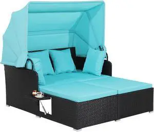 SlickBlue Patio Rattan Daybed with Retractable Canopy and Side Tables-Turquoise