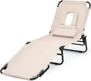 SlickBlue Outdoor Folding Chaise Beach Pool Patio Lounge Chair Bed with Adjustable Back and Hole