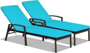 SlickBlue 2 Pieces Patio Rattan Adjustable Back Lounge Chair with Armrest and Removable Cushions-Turquoise