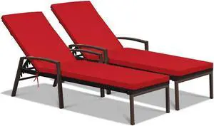SlickBlue 2 Pieces Patio Rattan Adjustable Back Lounge Chair with Armrest and Removable Cushions-Red