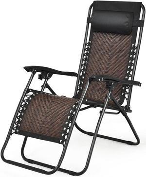 SlickBlue Folding Rattan Zero Gravity Lounge Chair with Removable Head Pillow