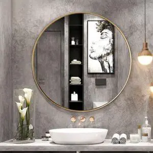SlickBlue 27.5" Modern Metal Wall-Mounted Round Mirror for Bathroom