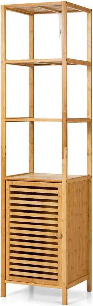SlickBlue 4 Tiers Slim Bamboo Floor Storage Cabinet with Shutter Door and Anti-Toppling Device-Natural