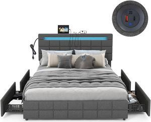 SlickBlue Upholstered LED Bed Frame with Headboard and 4 Drawers