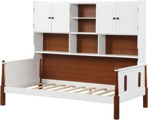 SlickBlue Twin Bed with Bookcase with Shelves and  Wooden Slat Support No Box Spring Needed for Living Room Bedroom