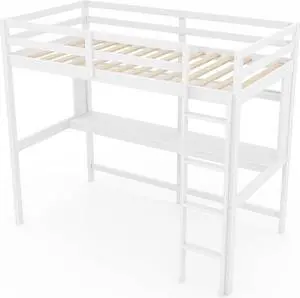 SlickBlue Twin Size Solid Wood Slatted Loft Bed Frame with Safety Guardrail for Kid-White