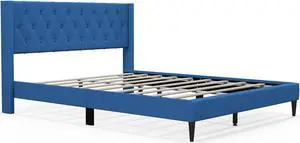 SlickBlue Queen Size Upholstered Platform Bed with Button Tufted Wingback Headboard