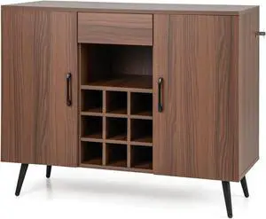 SlickBlue Mid-century Modern Buffet Sideboard Server Cabinet with 9-Bottle Wine Rack-Walnut
