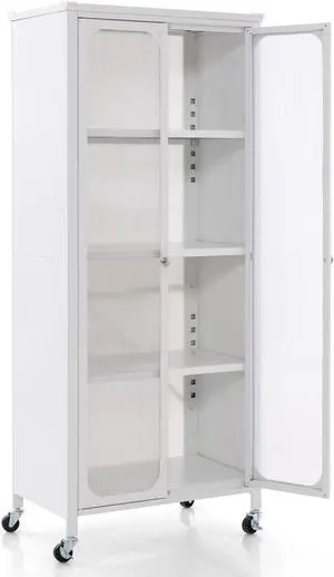 SlickBlue Glass Doors Storage Cabinet with Wheels and Adjustable Shelves-White