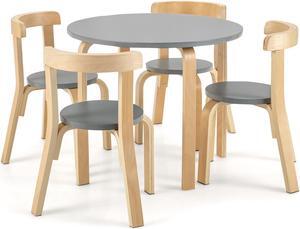 SlickBlue 5-Piece Kids Wooden Curved Back Activity Table and Chair Set with Toy Bricks-Gray