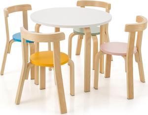 SlickBlue 5-Piece Kids Wooden Curved Back Activity Table and Chair Set withToy Bricks