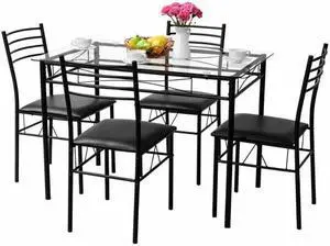 SlickBlue 5 pcs Dining Glass Top Table & 4 Upholstered Chairs