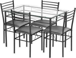 SlickBlue 5 Pieces Dining Set with Tempered Glass Top Table and 4 Upholstered Chairs