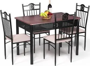 SlickBlue 5 Pcs Dining Set Wood Metal Table and 4 Chairs with Cushions