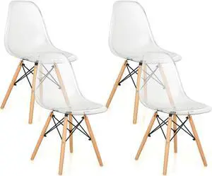 SlickBlue Set of 4 Dining Chairs Modern Plastic Shell Side Chair with Clear Seat and Wood Legs-Transparent