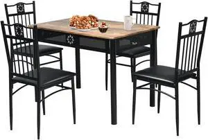 SlickBlue 5 Pcs Dining Set Wood Metal Table and 4 Chairs with Cushions