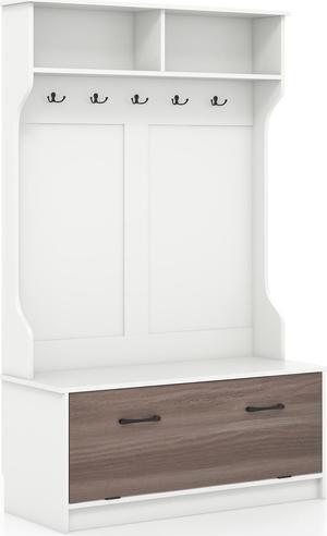 SlickBlue 3 in 1 Coat Rack with Entryway Bench and Hooks and Enclosed Cabinet-White