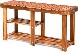 SlickBlue 3-Tier Freestanding Wooden Shoe Organizer with Seat