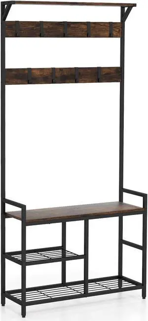 SlickBlue 71 Inch Freestanding Hall Tree with Shoe Bench and 9 Removable Hooks-Rustic Brown