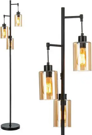 SlickBlue Retro Floor Lamp with 3-Head Hanging Amber Glass Shade