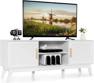 SlickBlue TV Stand Entertainment Media Console with 2 Rattan Cabinets and Open Shelves-White