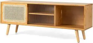 SlickBlue Modern TV Stand with Rattan Glass Sliding Doors-Natural