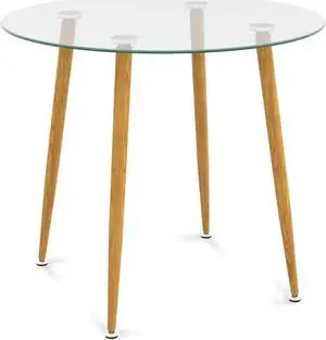 SlickBlue Round Glass Dining Table Leisure Coffee Table with Metal Legs-Natural