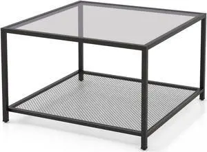SlickBlue Modern 2-Tier Square Glass Coffee Table with Mesh Shelf