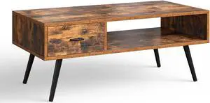 SlickBlue Retro Rectangular Coffee Table with Drawer and Storage Shelf-Rustic Brown