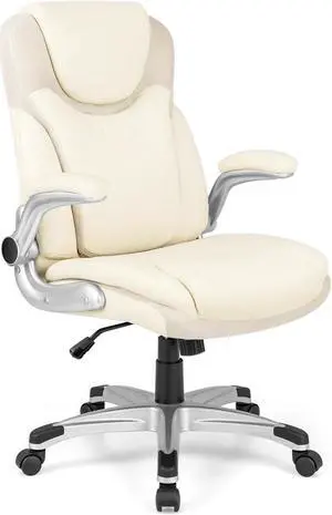 SlickBlue Ergonomic Office PU Leather Executive Chair with Flip-up Armrests and Rocking Function-White