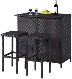 SlickBlue 3 pcs Patio Outdoor Rattan Wicker Bar Table and 2 Stools
