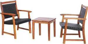 SlickBlue 3 Pieces Rattan Bistro Set with Acacia Wood Frame for Garden
