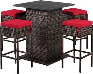 SlickBlue 5 Pieces Patio Rattan Bar Table Stool Set Hidden Storage Shelf Cushioned