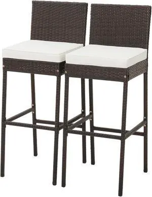 SlickBlue 2 Pieces Patio Cushioned Wicker Barstools with Cozy Footrest-Set of 2