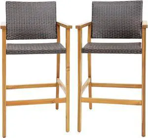 SlickBlue Set of 2 PE Wicker Patio Bar Chairs with Acacia Wood Armrests-Set of 2