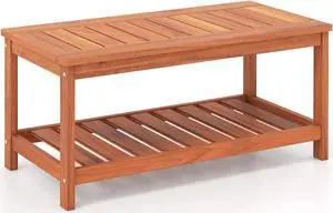 SlickBlue 2-Tier Patio Coffee Table with Slatted Tabletop and Shelf