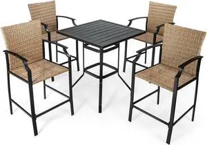 SlickBlue 5 Pieces Outdoor Rattan Bistro Bar Stool Table Set with Cushions