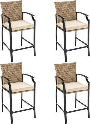 SlickBlue Patio Rattan Bar Stools Set of 4 with Soft Cushions