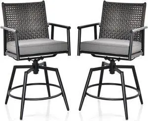 SlickBlue 360 Degree Swivel Bar Stool Set of 2 with Metal Frame and PE Rattan Backrest-Black