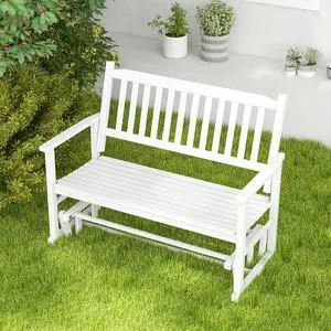SlickBlue 2 Seats Outdoor Glider Bench with Armrests and Slatted Seat-White